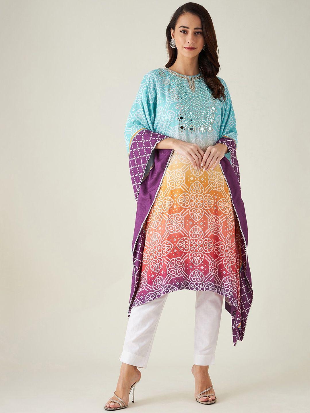 the kaftan company women turquoise blue & purple ethnic motifs striped flared sleeves mirror work kaftan kurta