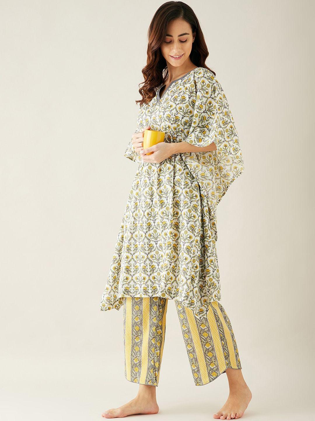 the kaftan company women white & yellow printed cotton night suit