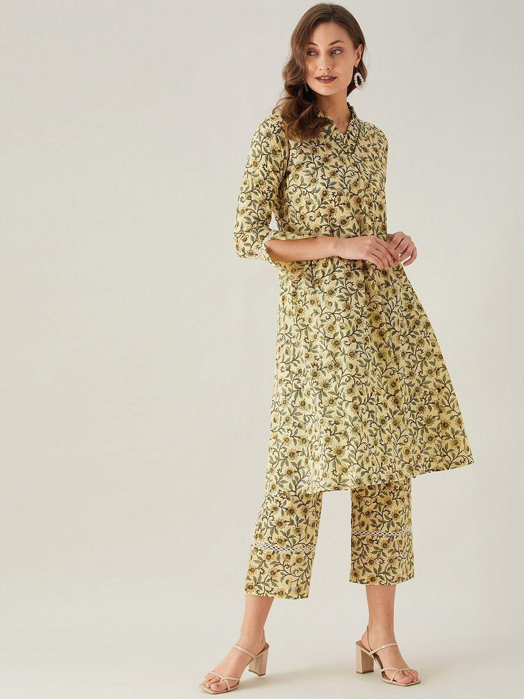 the kaftan company women yellow floral printed pleated pure cotton kurta with trousers