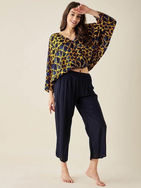 the kaftan company yellow & blue printed top with pyjamas