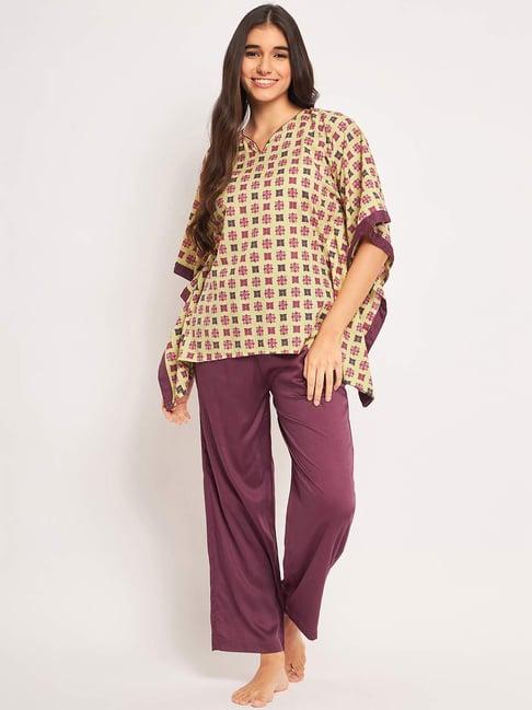 the kaftan company yellow & purple cotton printed kaftan pyjamas set