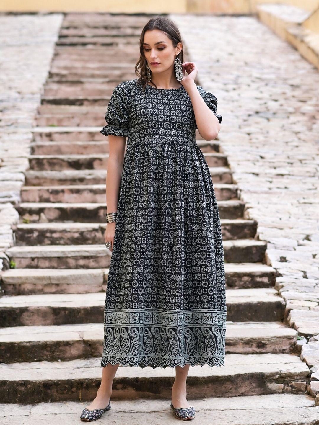 the kapas black & grey embellished puff sleeve fit & flare midi dress