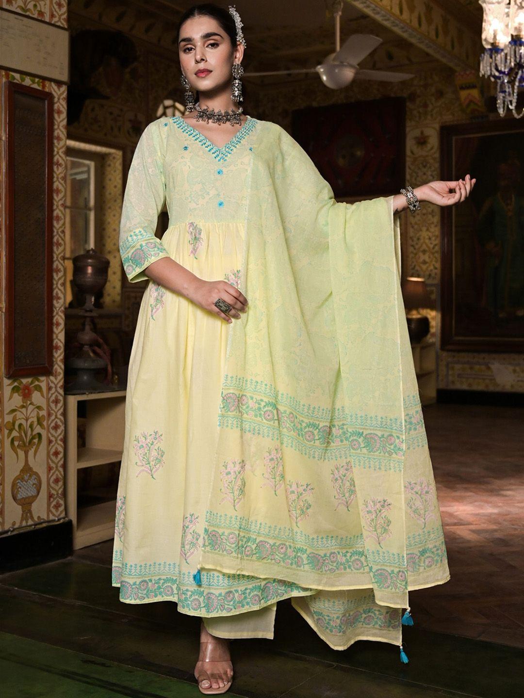 the kapas block printed thread work anarkali pure cotton kurta with palazzos & dupatta