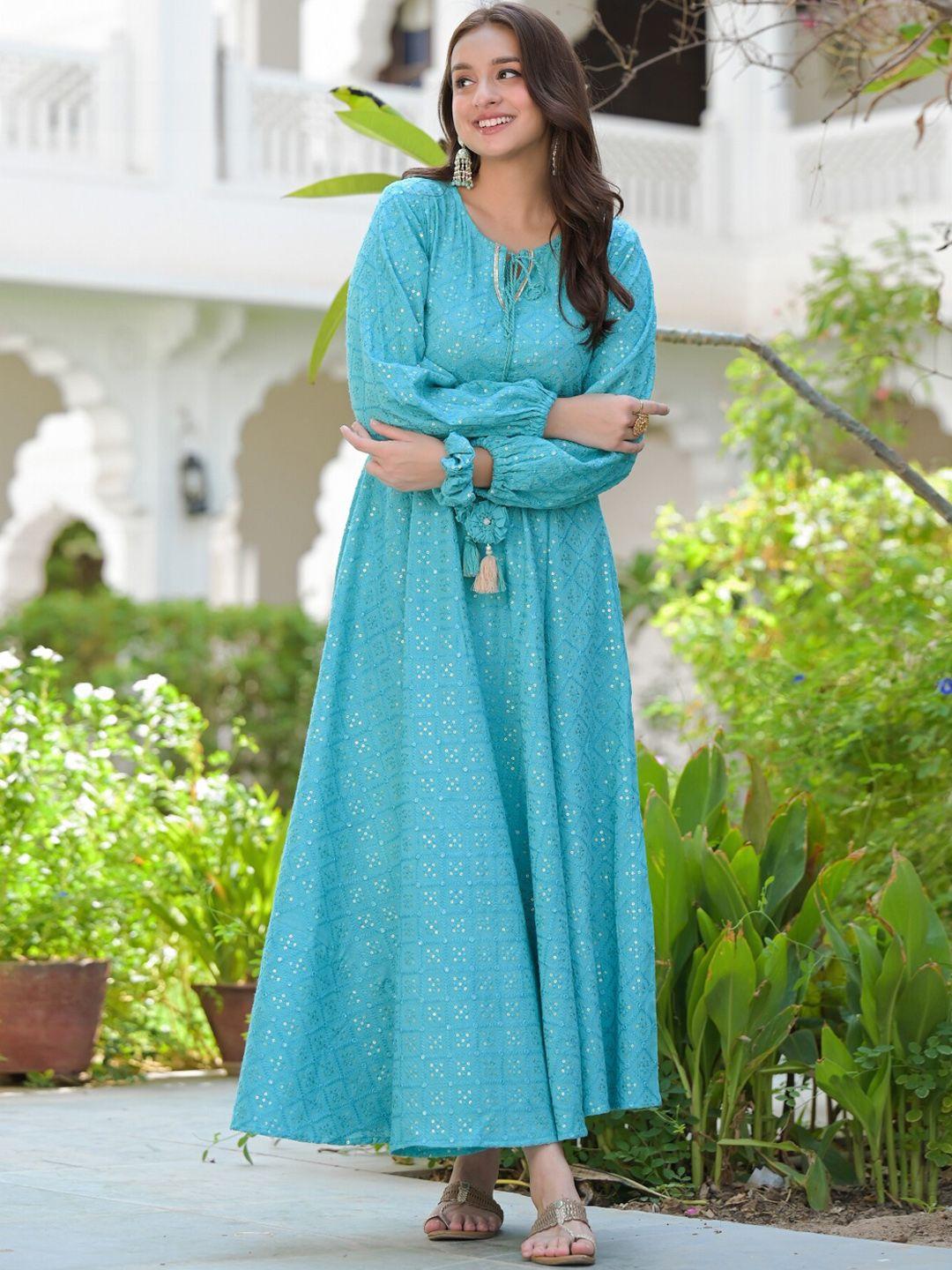 the kapas embroidered cotton fit & flared maxi ethnic dresses