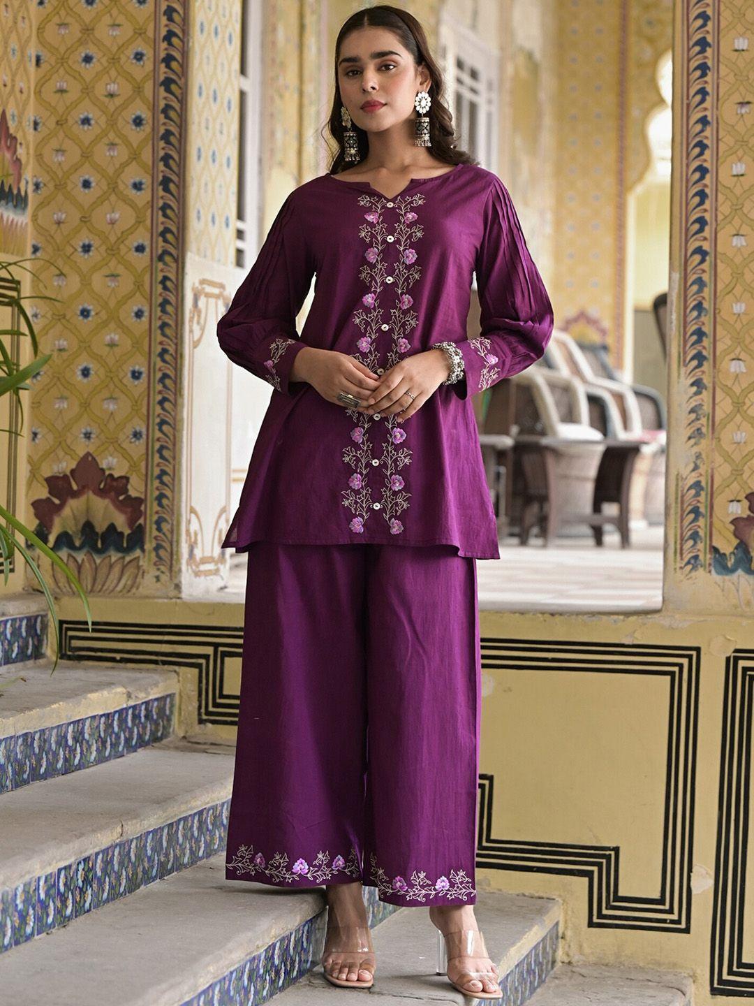 the kapas embroidered pure cotton v-neck tunic with trouser co-ords