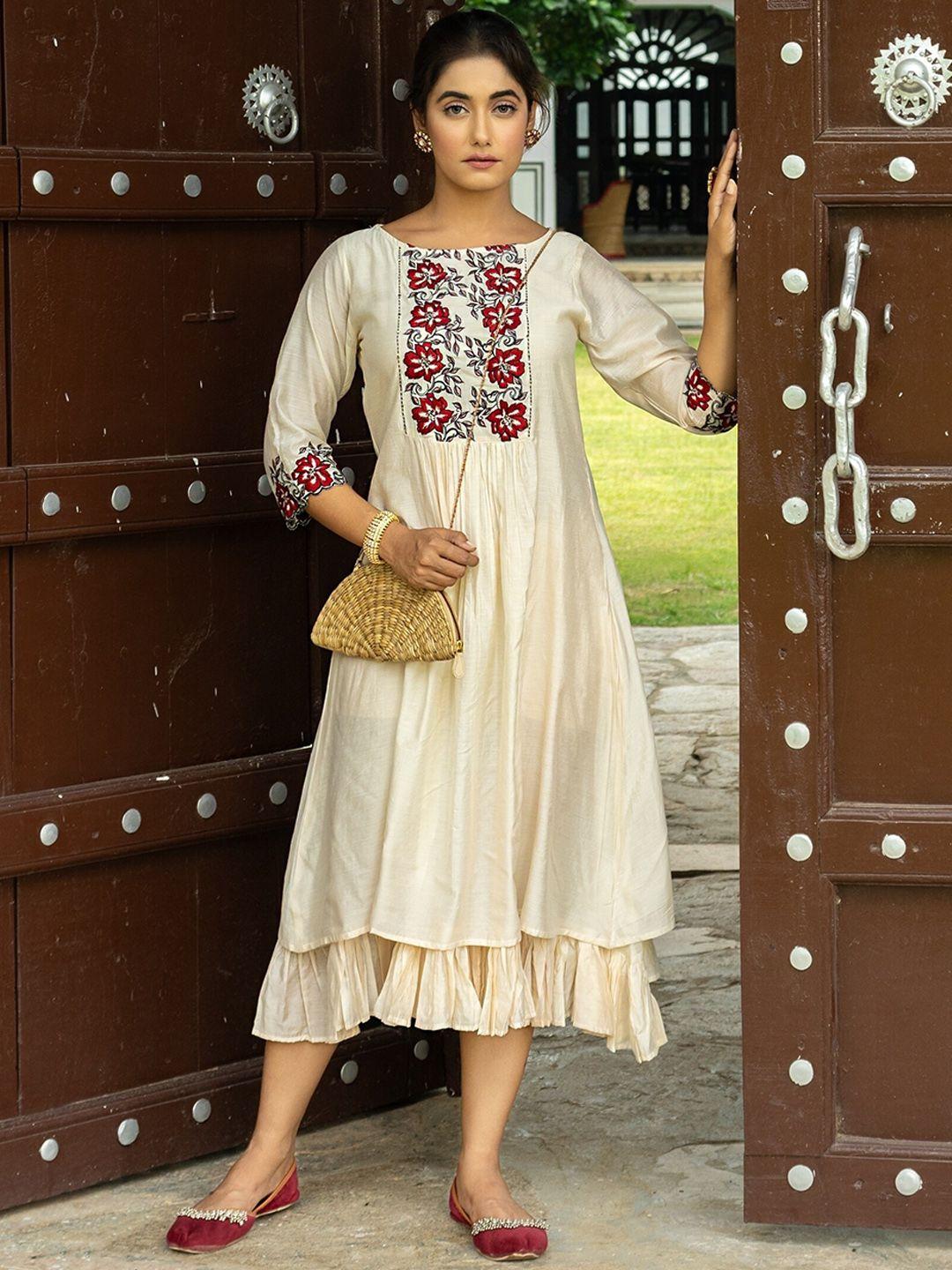 the kapas floral embroidered chanderi a-line midi ethnic dress