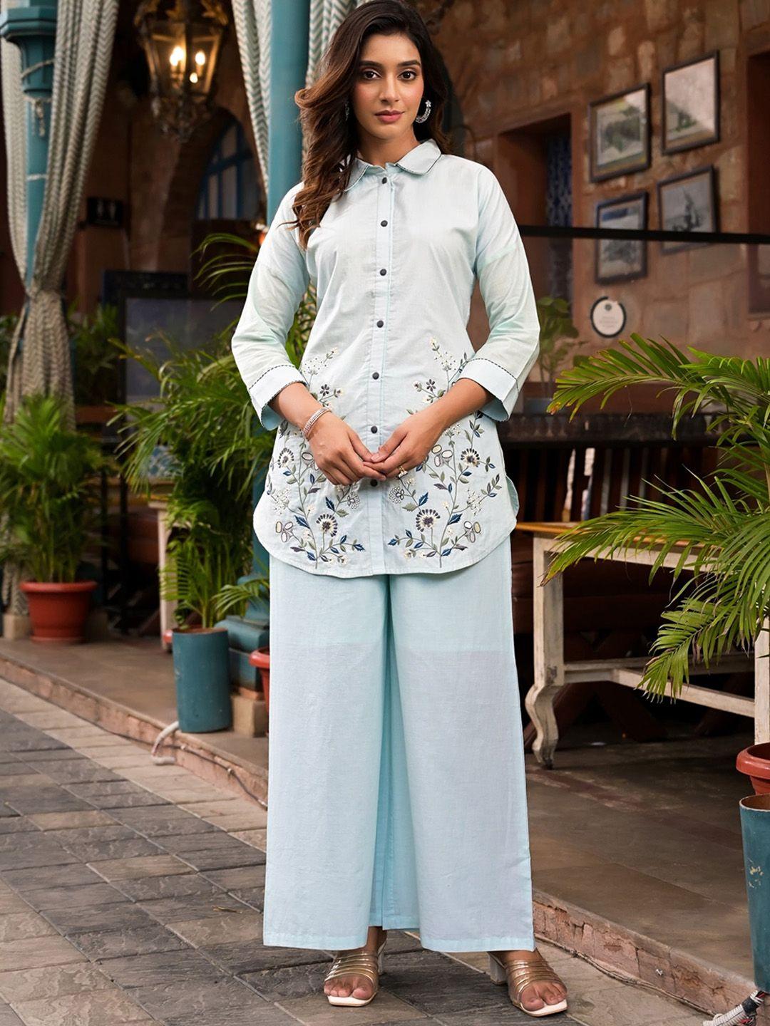 the kapas floral embroiedered pure cotton shirt with trousers  co-ords