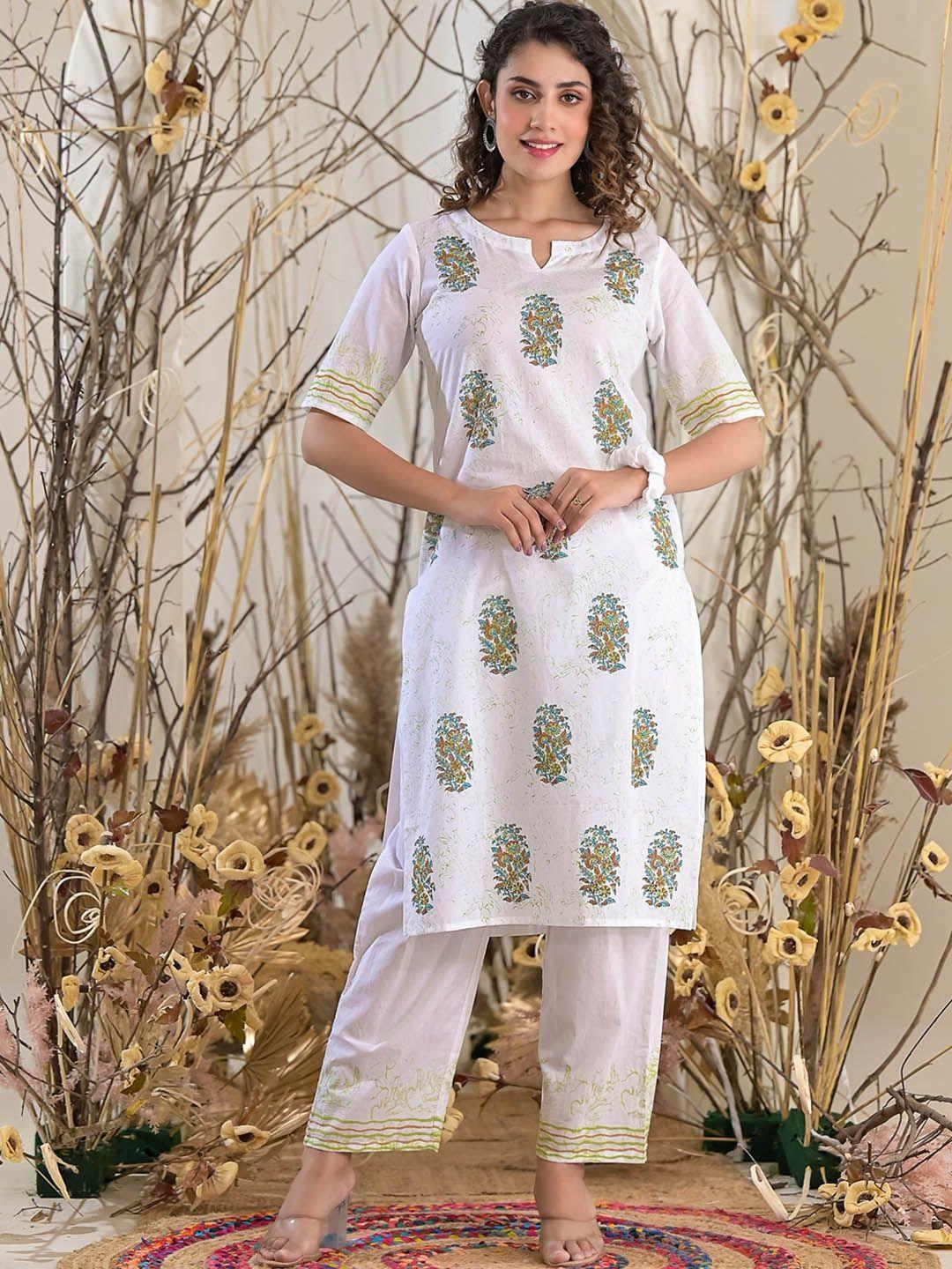 the kapas floral printed band collar block print pure cotton kurta with trousers & dupatta