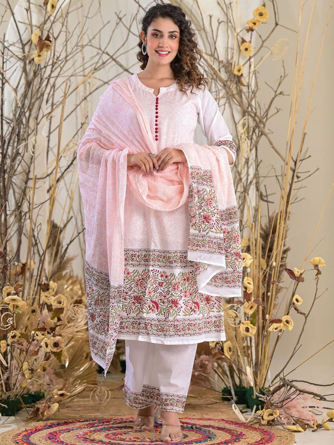 the kapas floral printed block print  pure cotton kurta with palazzos & dupatta