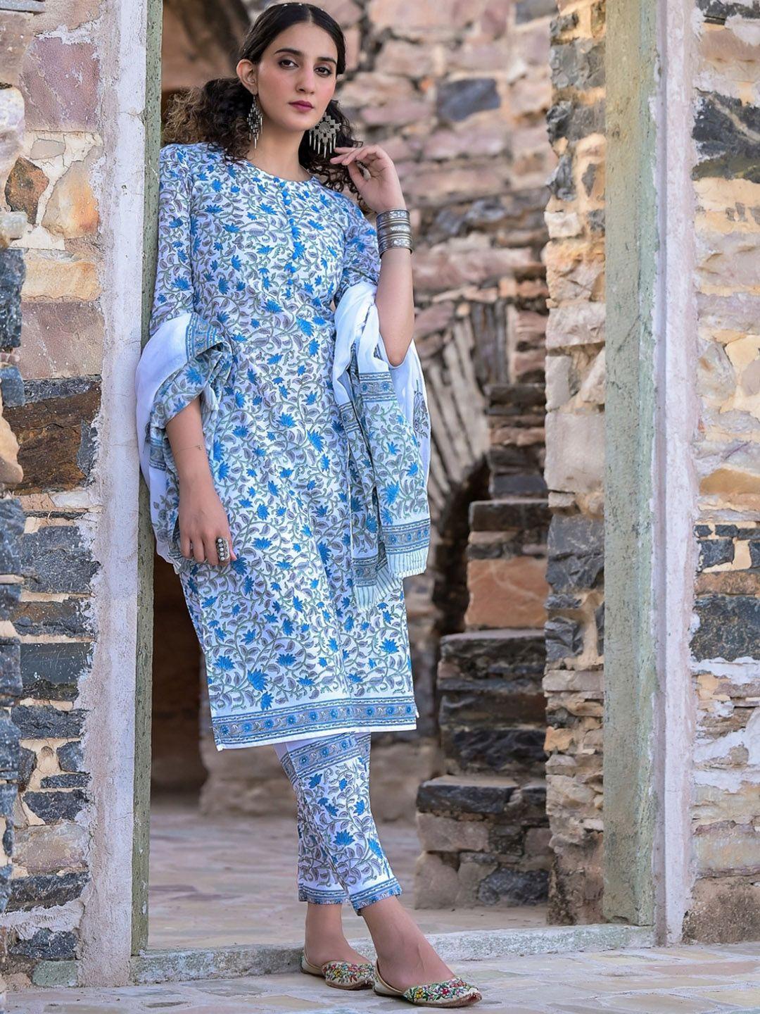 the kapas floral printed block print pure cotton kurta with trousers & dupatta