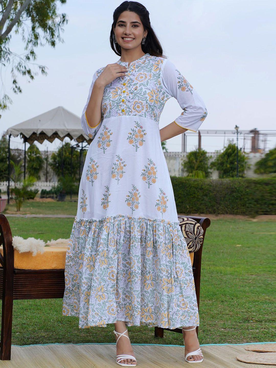 the kapas floral printed cotton fit & flare tiered maxi ethnic dress