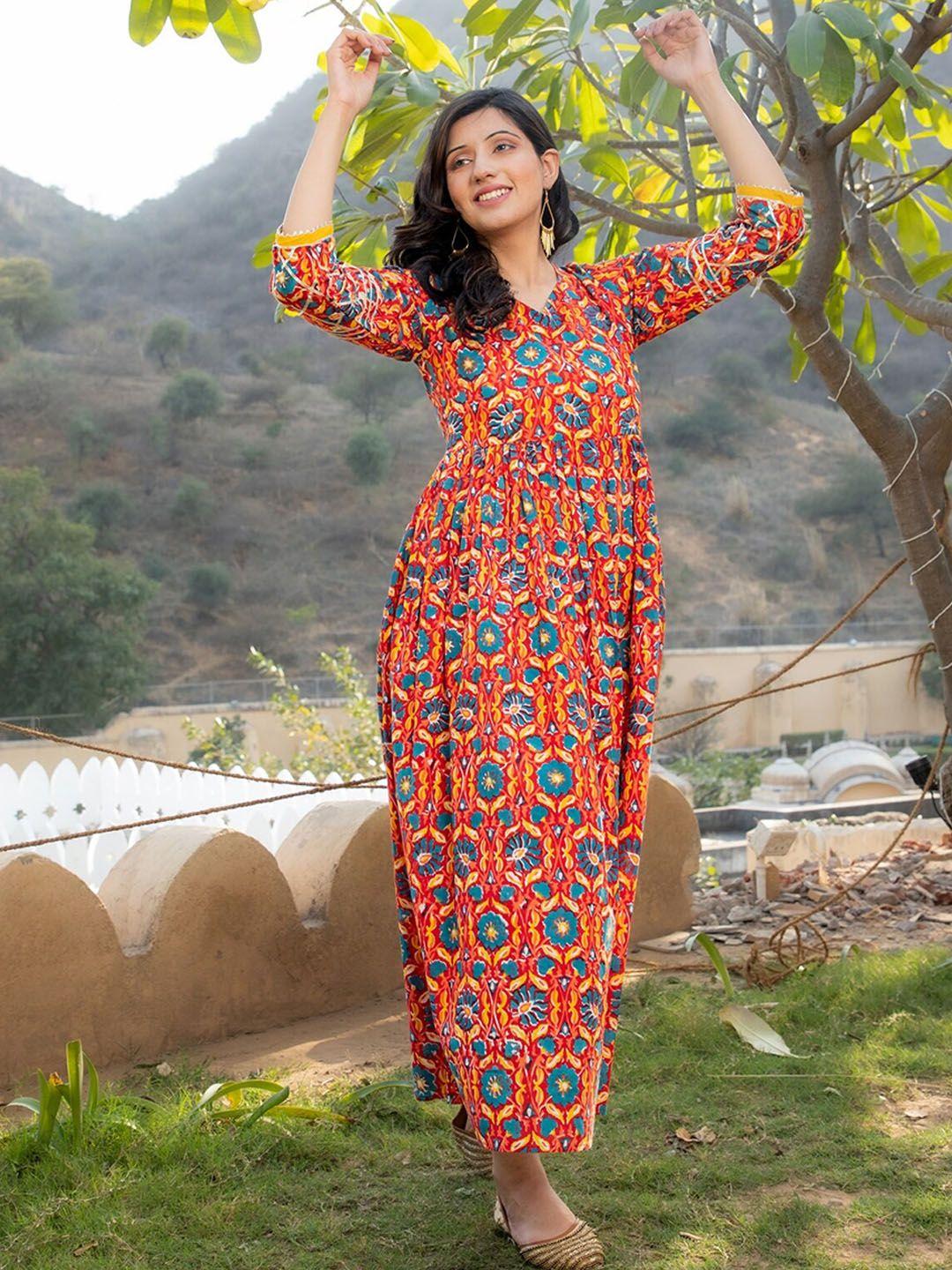 the kapas floral printed maxi-length fit and flare ethnic dress