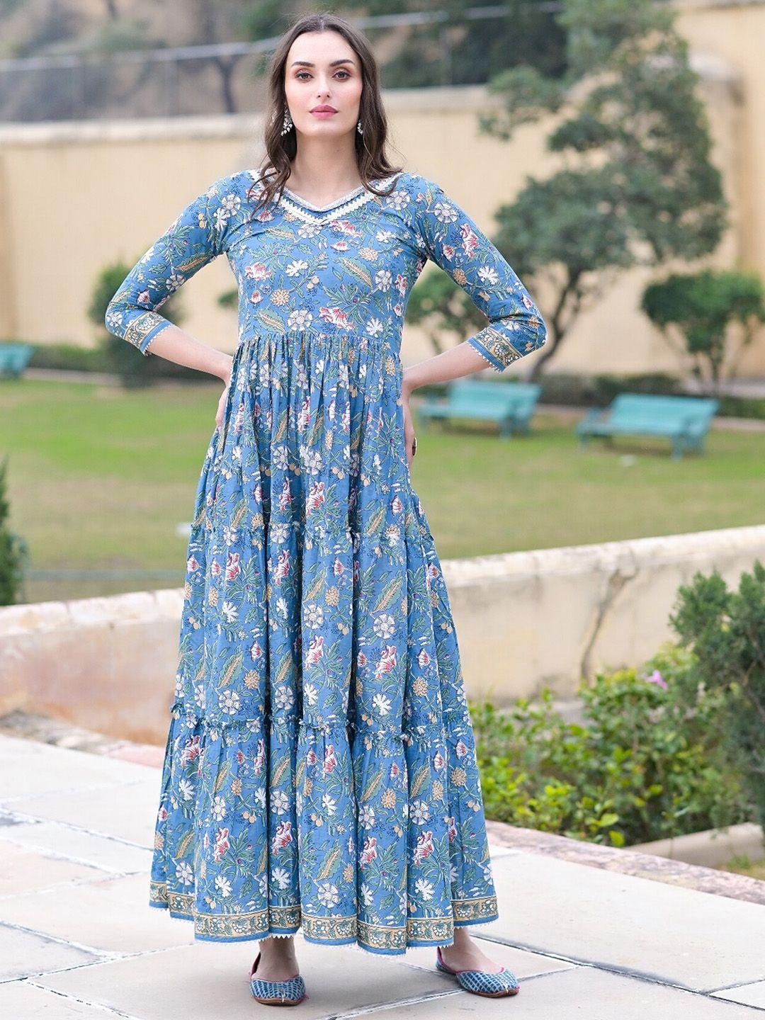 the kapas floral printed pure cotton tiered fit & flare cotton ethnic dress