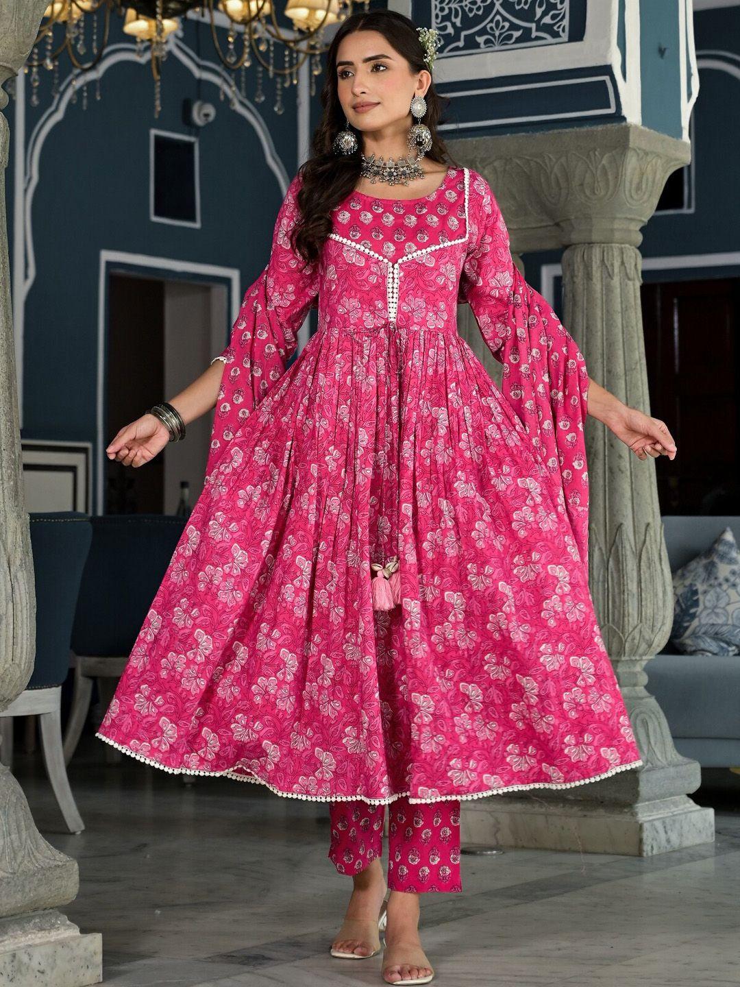 the kapas floral printed sequinned pure cotton anarkali kurta with trousers & dupatta