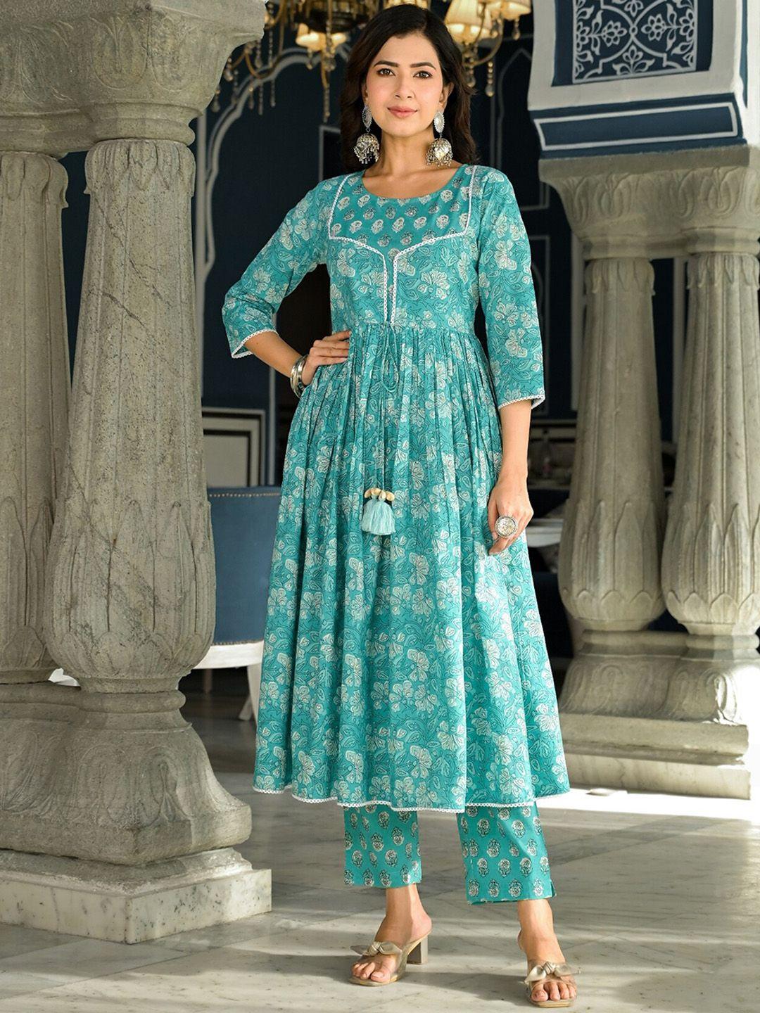 the kapas floral printed sequinned pure cotton kurta with trouser & dupatta