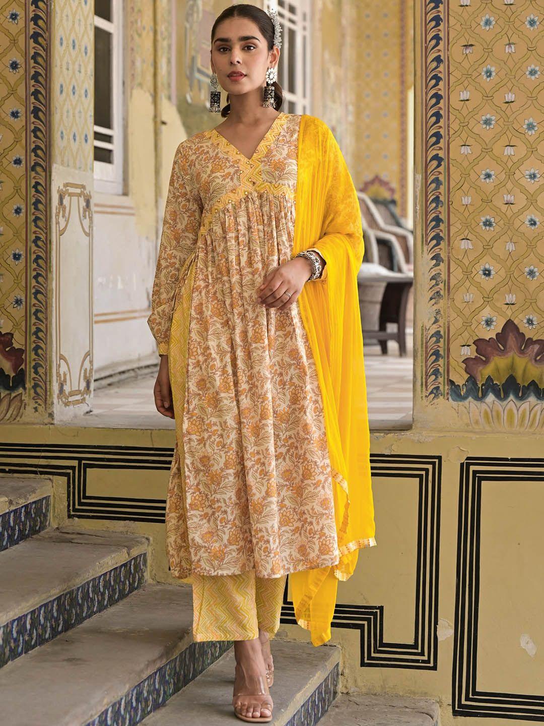 the kapas floral printed v-neck puffed sleeves pure cotton kurta with trousers & dupatta