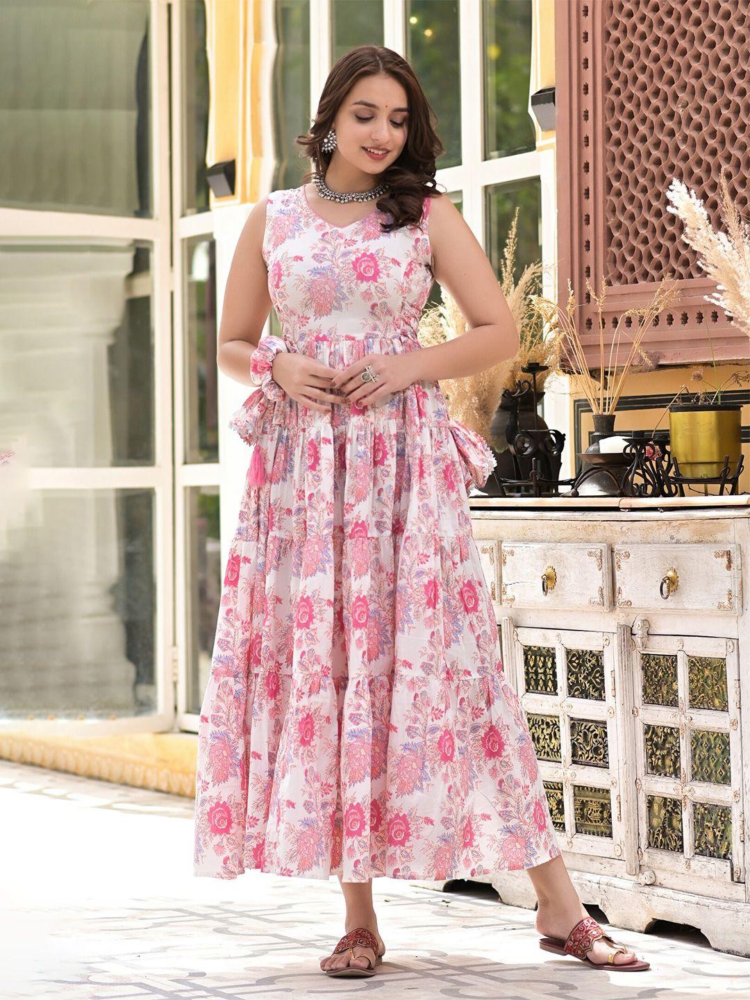 the kapas pink & off white floral print fit & flare maxi dress