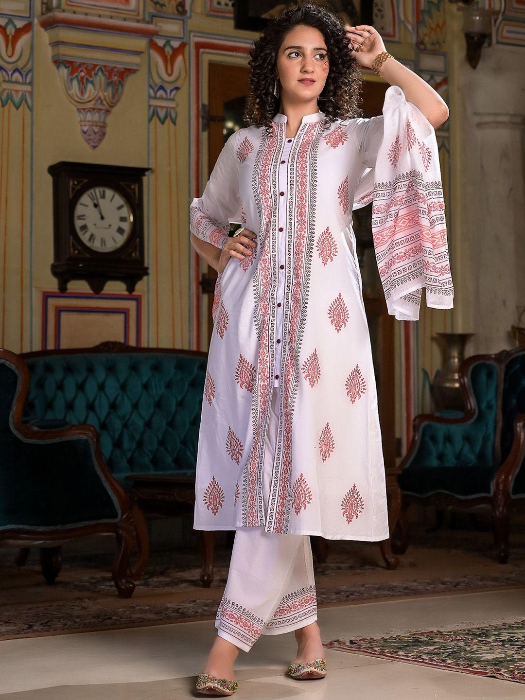 the kapas women white ethnic motifs printed regular pure cotton kurta with palazzos & with dupatta