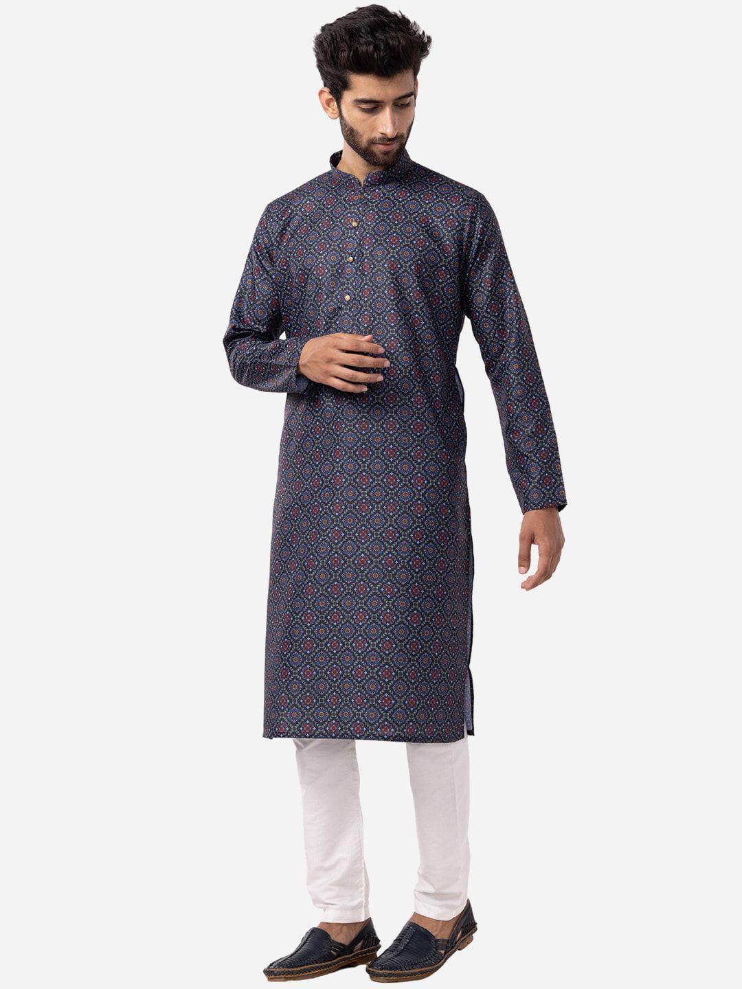 the kurta company geometric printed mandarin collar silk kurta