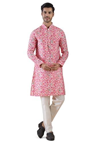 the kurta company pink printed silk blend men's kurta | regular fit with classic straight cut and mandarin collar - q0mp_40