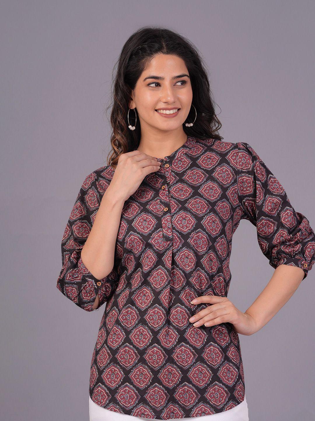 the kurta express ethnic motifs printed band collar cotton a-line kurti