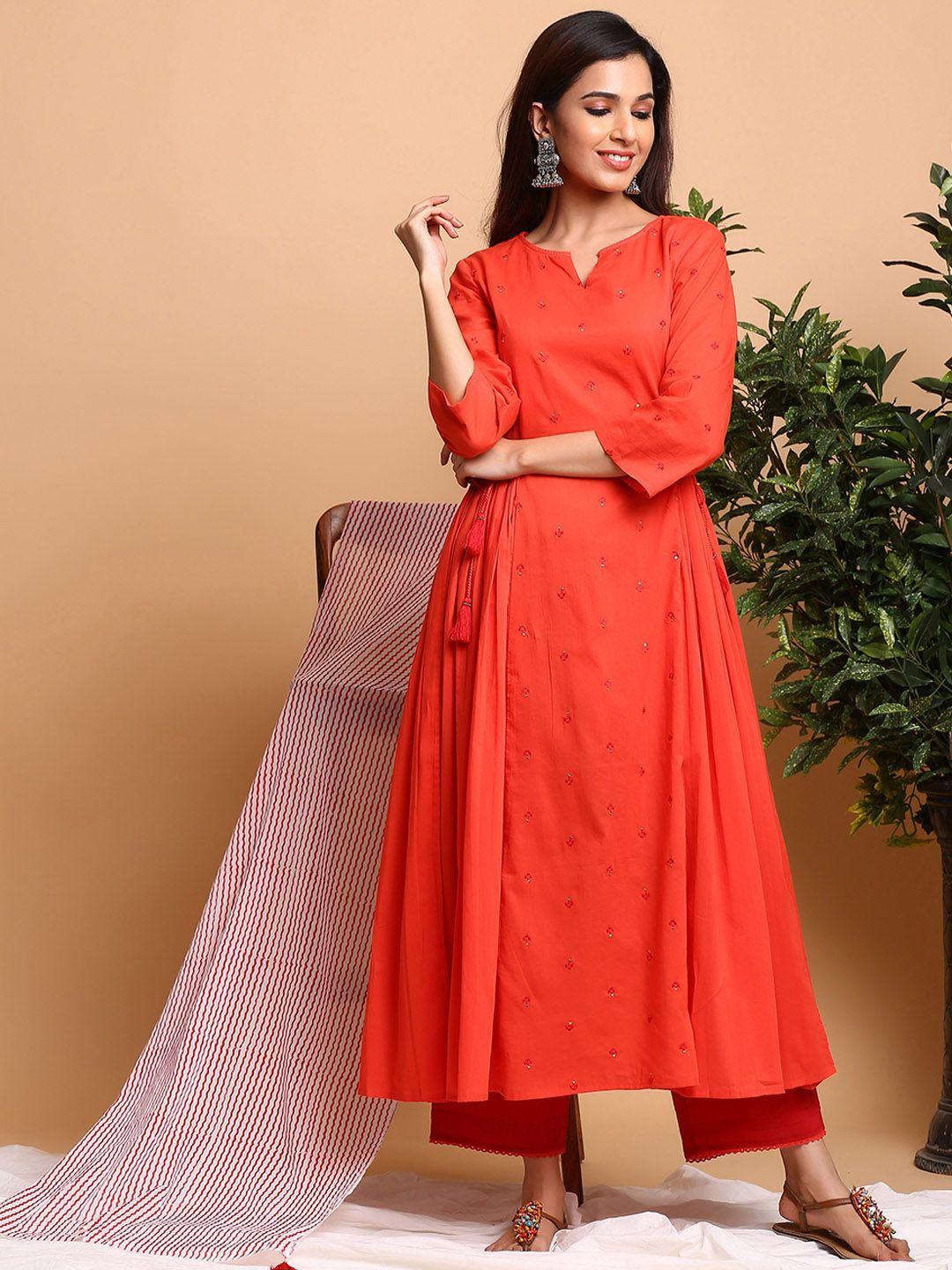 the kurta express floral embroidered pure cotton a-line kurta with trousers & dupatta