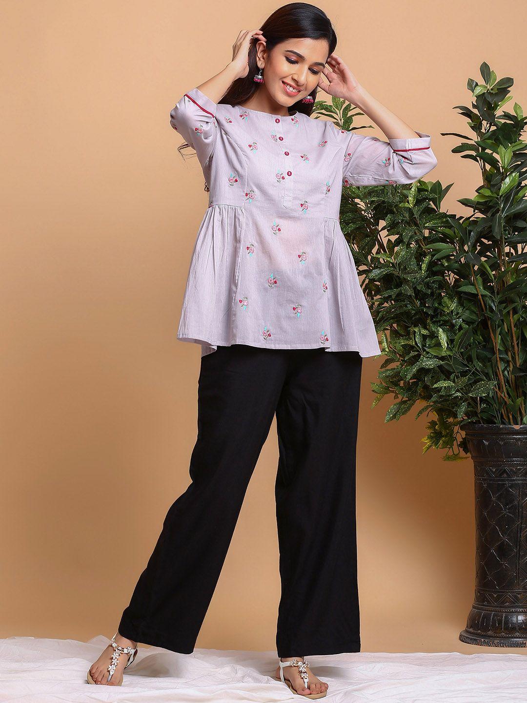 the kurta express floral embroidered pure cotton a-line kurti with palazzos