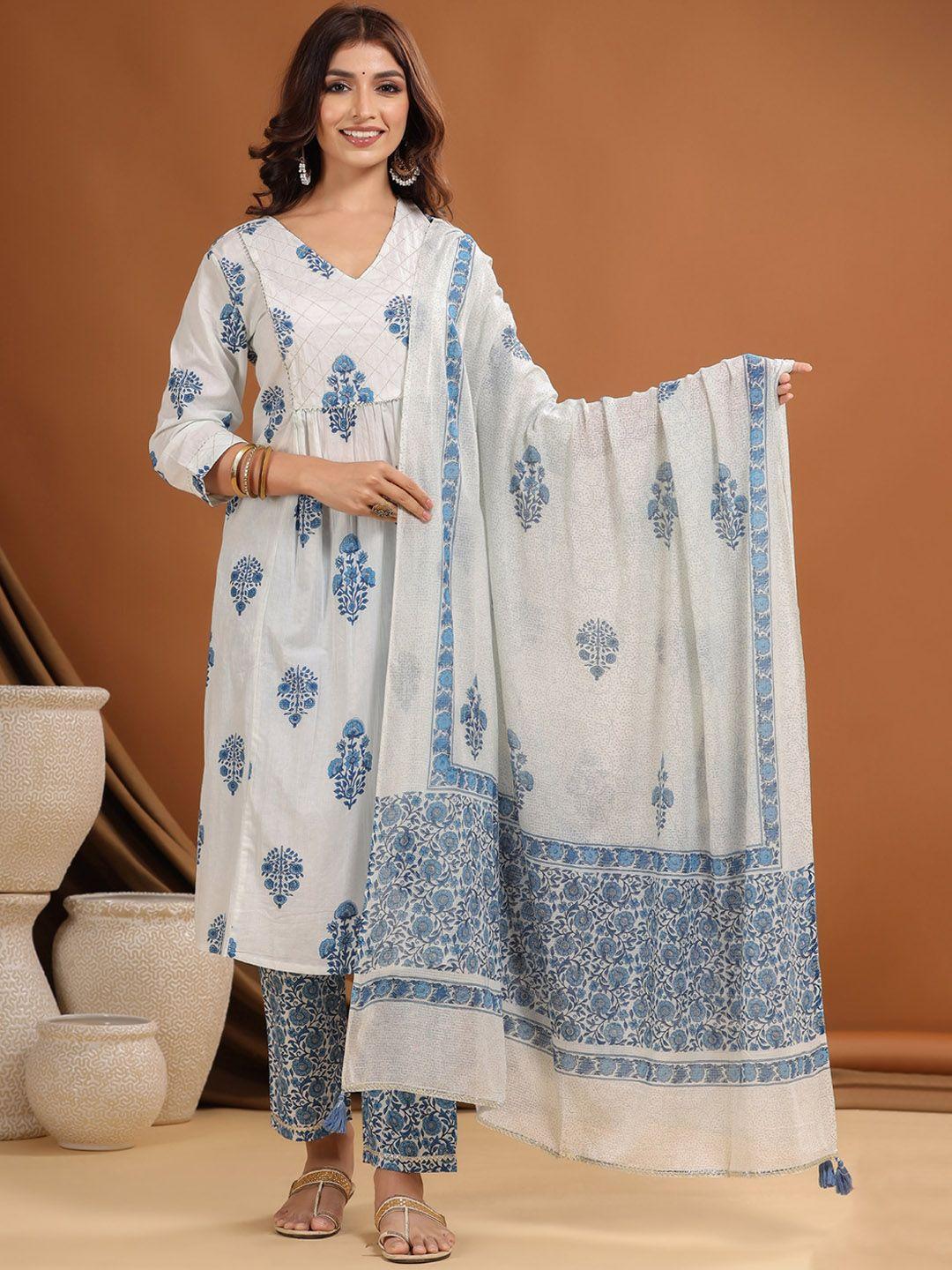 the kurta express floral printed regular pure cotton kurta with trousers & dupatta