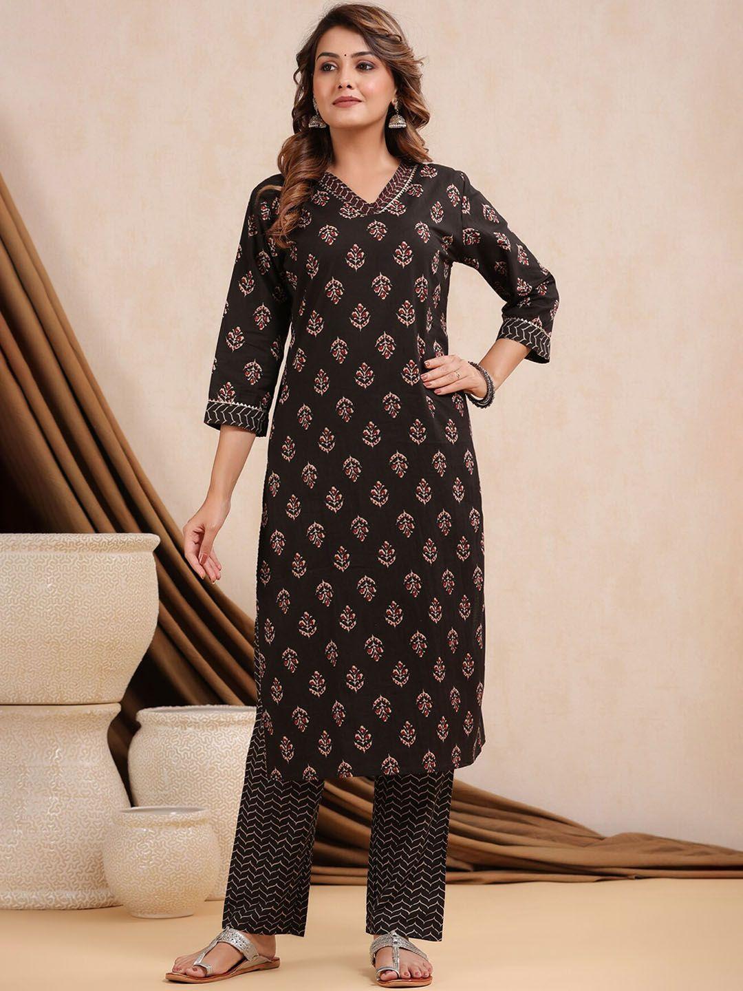 the kurta express floral printed v-neck pure cotton kurta with trousers
