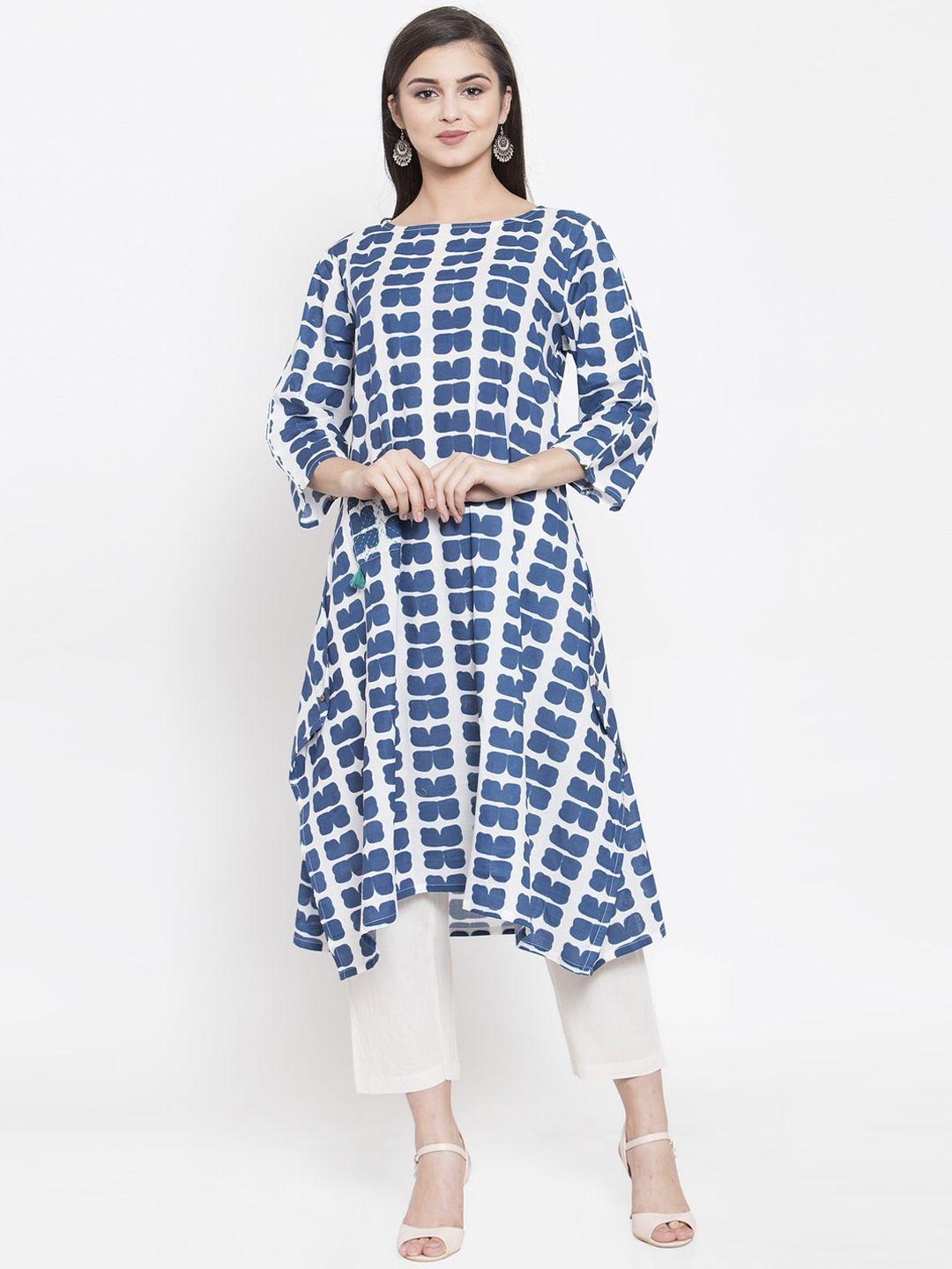 the kurta express women blue & white printed a-line kurta