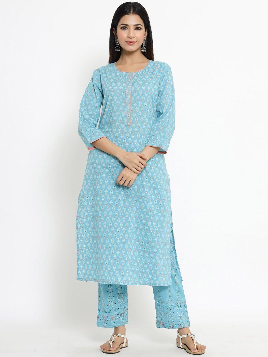 the kurta express women blue ethnic motifs printed regular pure cotton kurta with trousers