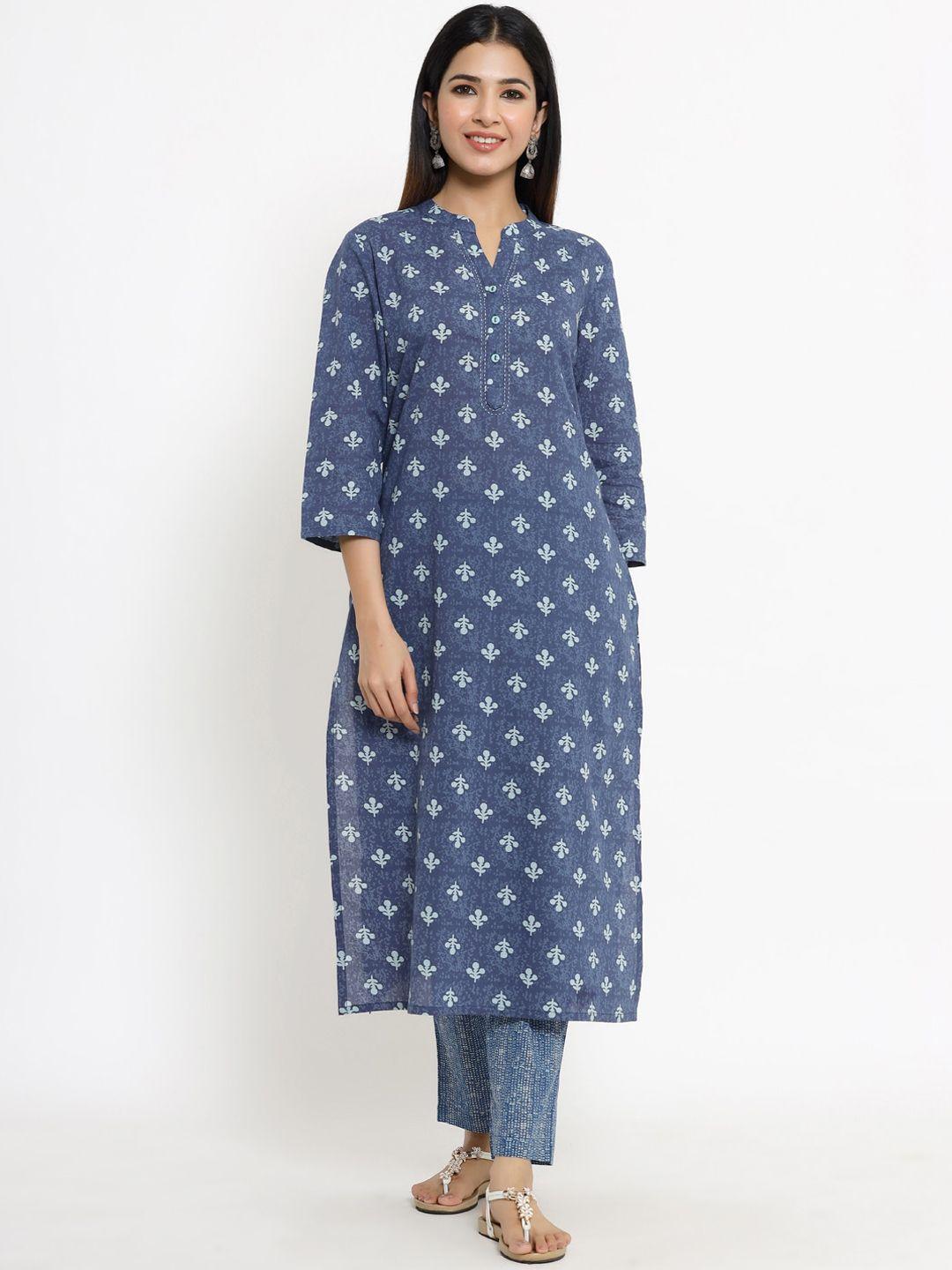 the kurta express women blue floral printed regular pure cotton kurta with trousers