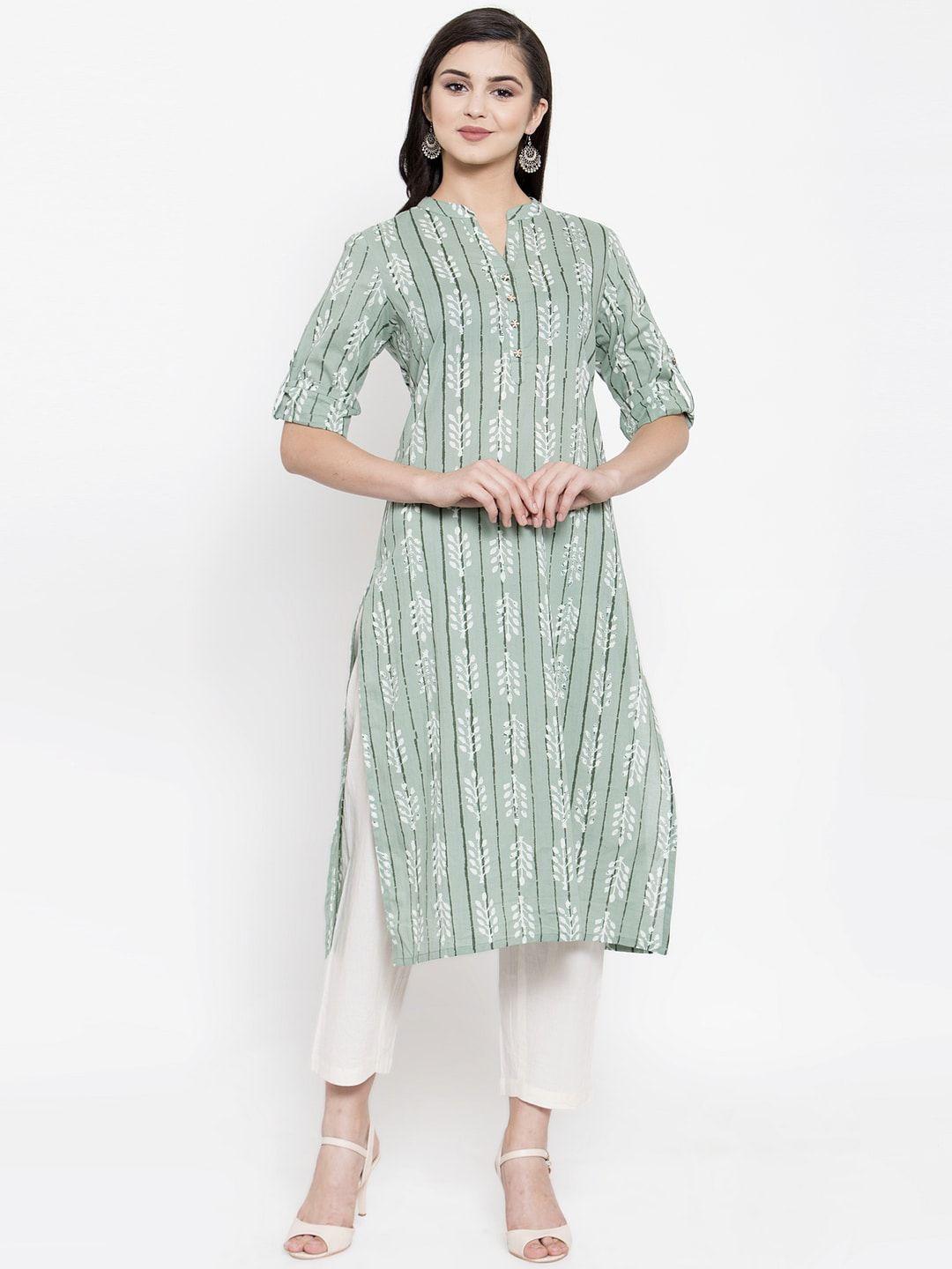 the kurta express women green & off white floral striped kurta