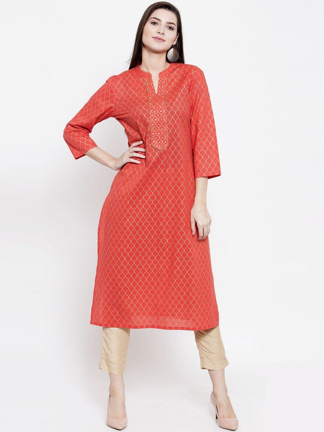 the kurta express women orange geometric straight kurta