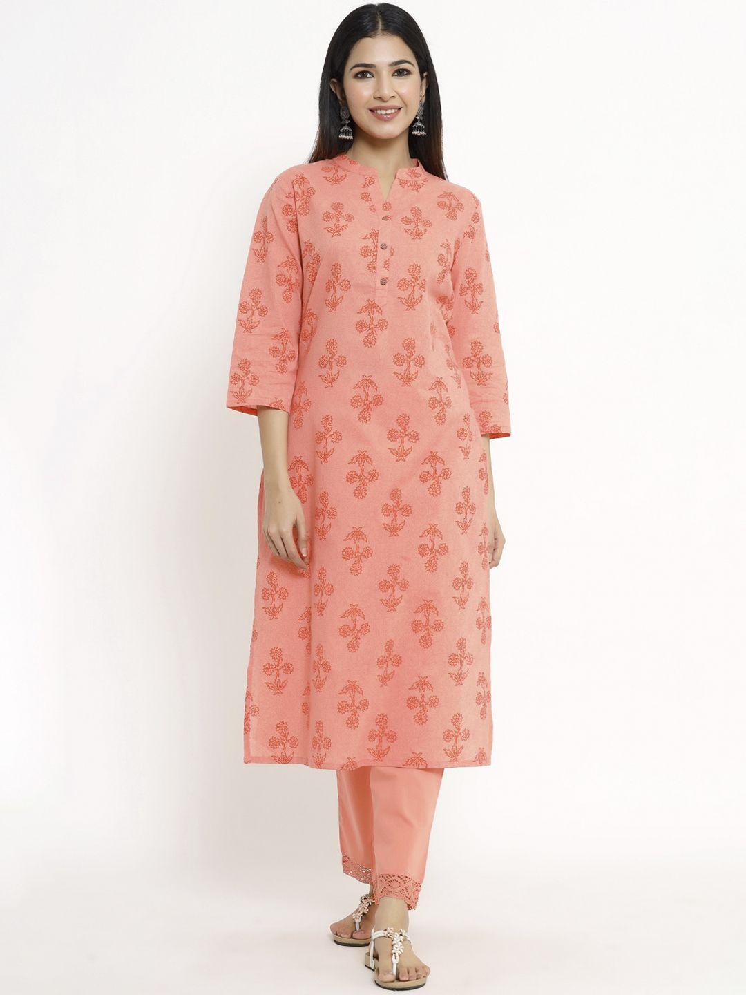 the kurta express women peach-coloured floral printed regular pure cotton kurti with trousers