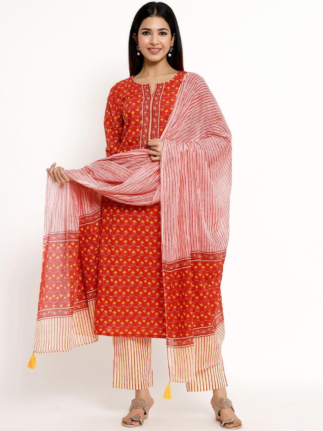 the kurta express women red ethnic motifs cotton kurta with trousers & dupatta