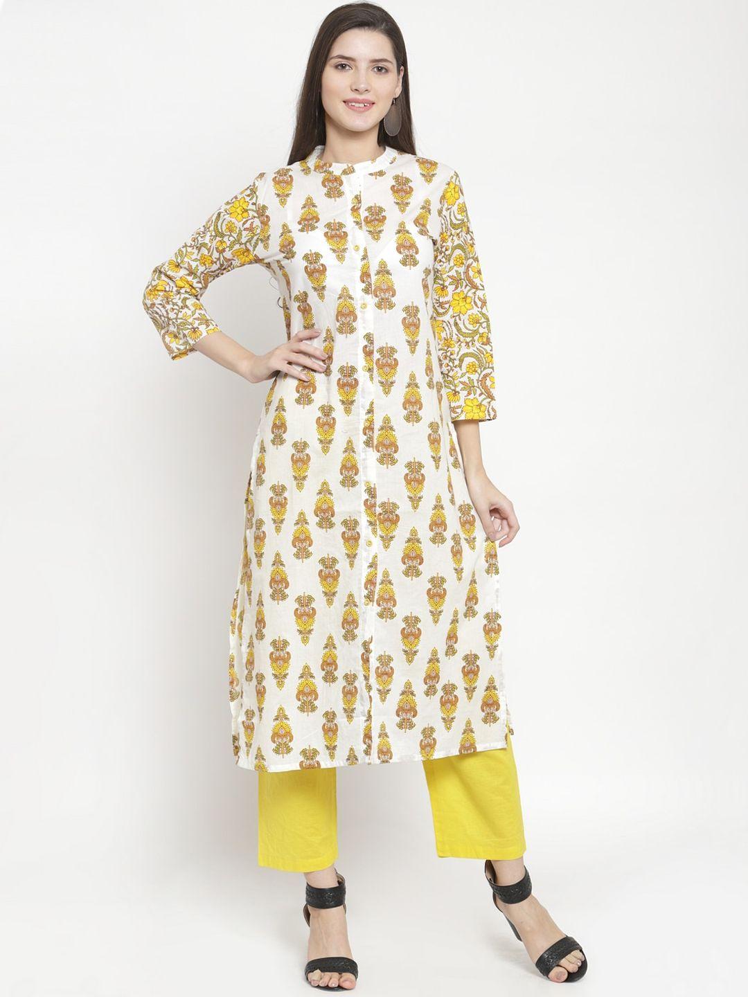 the kurta express women white & yellow ethnic motifs printed kurta