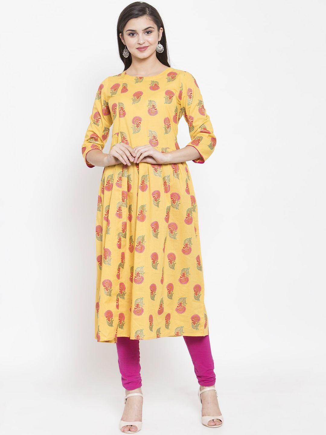 the kurta express women yellow printed a-line kurta