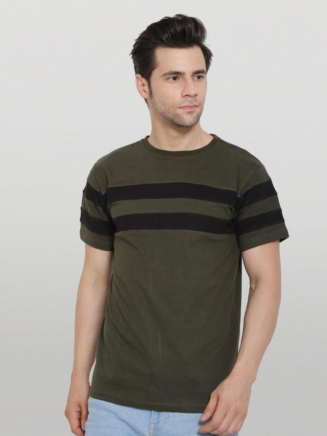 the label bar men olive green regular fit  striped t-shirt