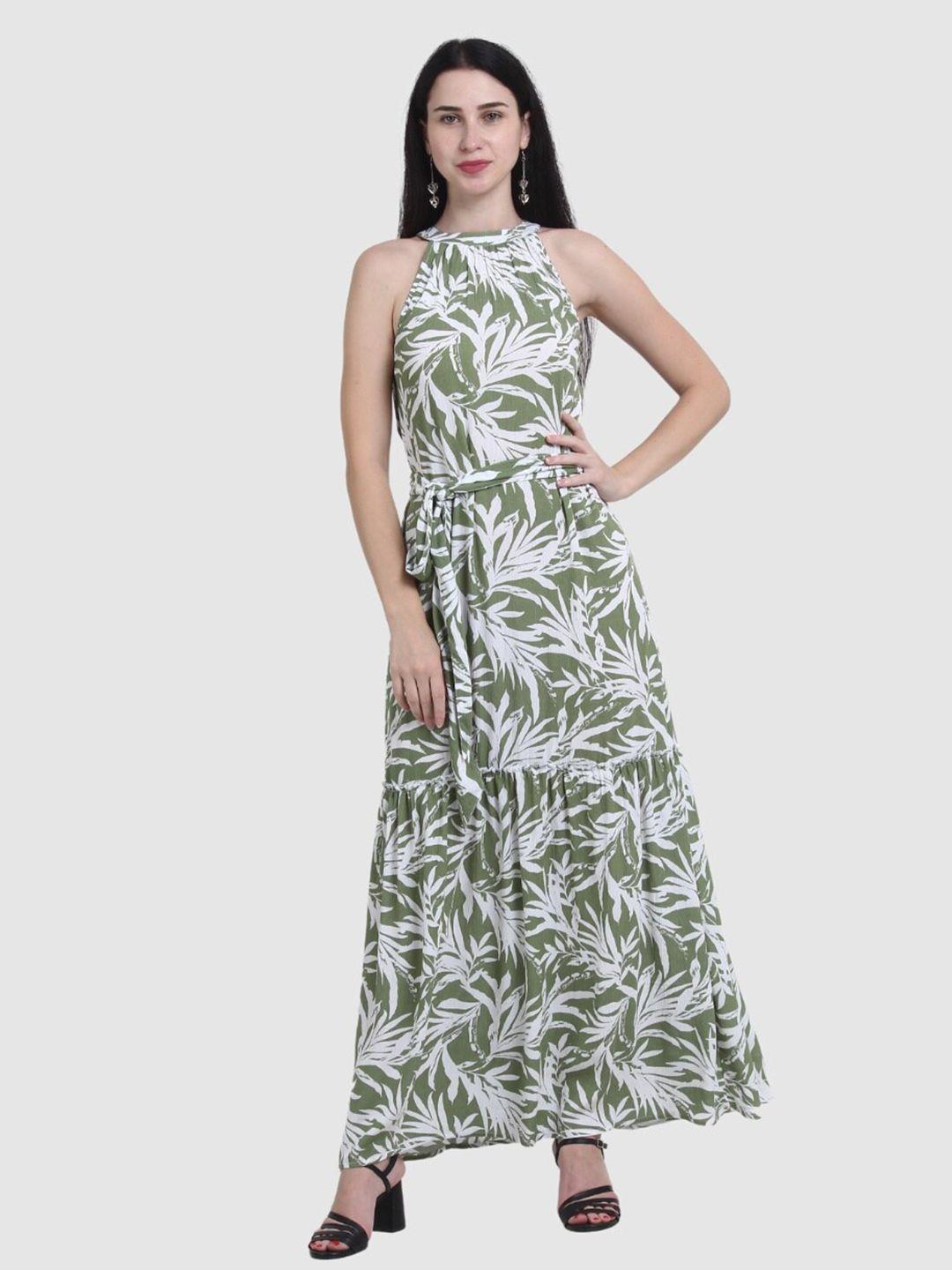 the label bar women green & white tropical cotton maxi dress