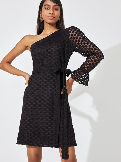 the label life black embroidered a line dress