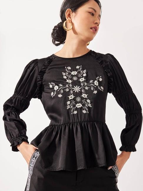 the label life black embroidered peplum top