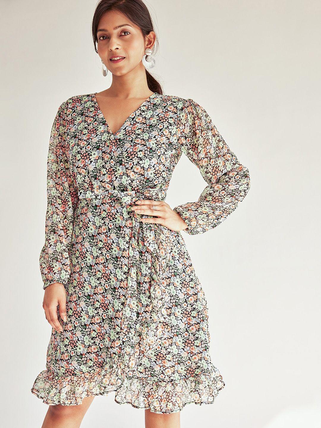 the label life black floral print puff sleeve fit & flare dress