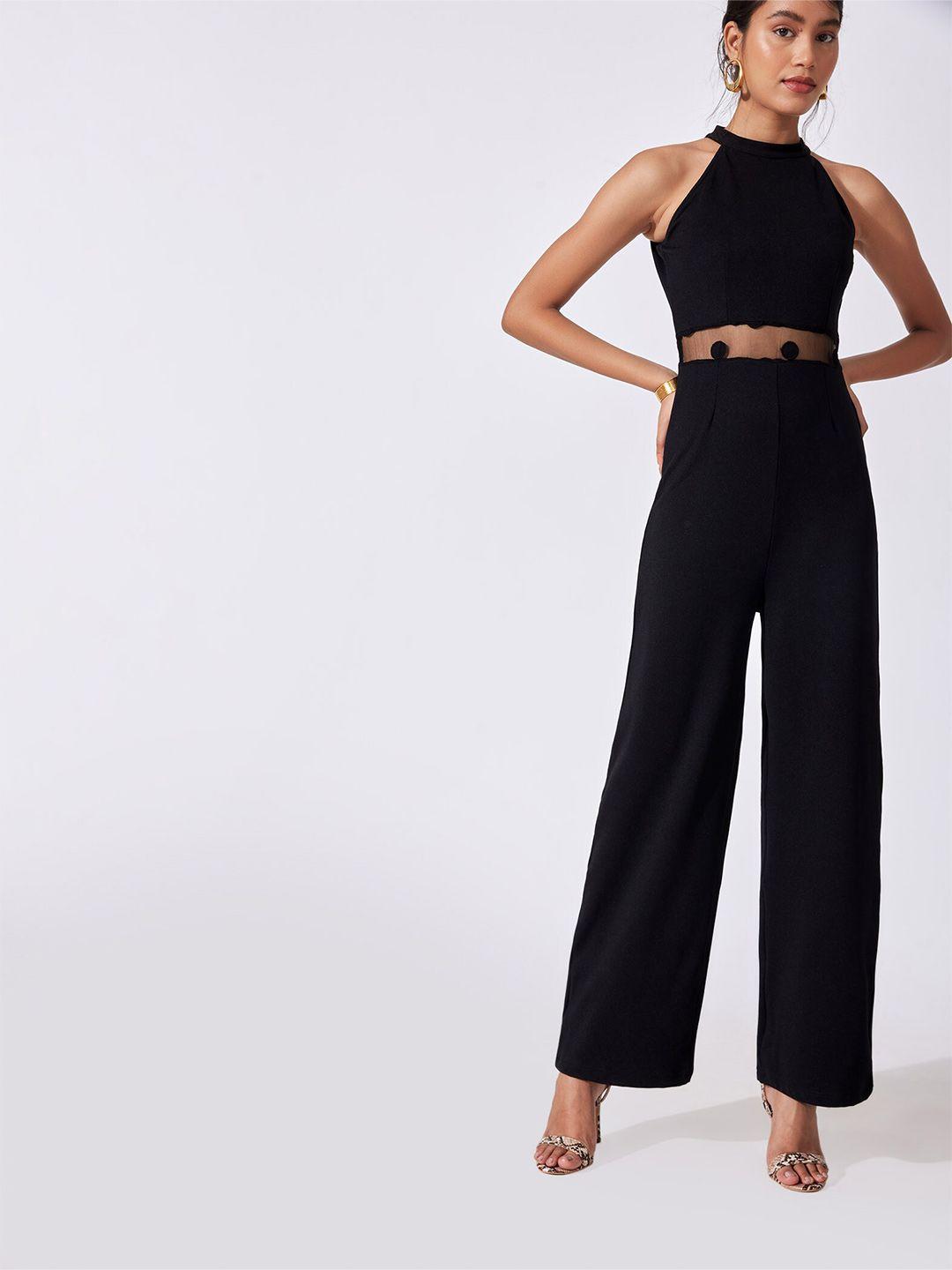 the label life black halter neck basic jumpsuit with lace inserts