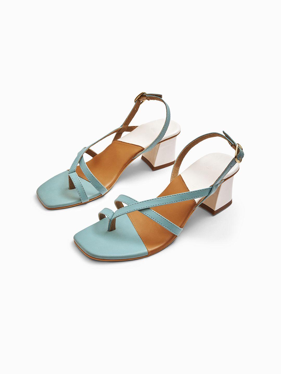 the label life blue & mustard colourblocked block heeled sandals with buckles