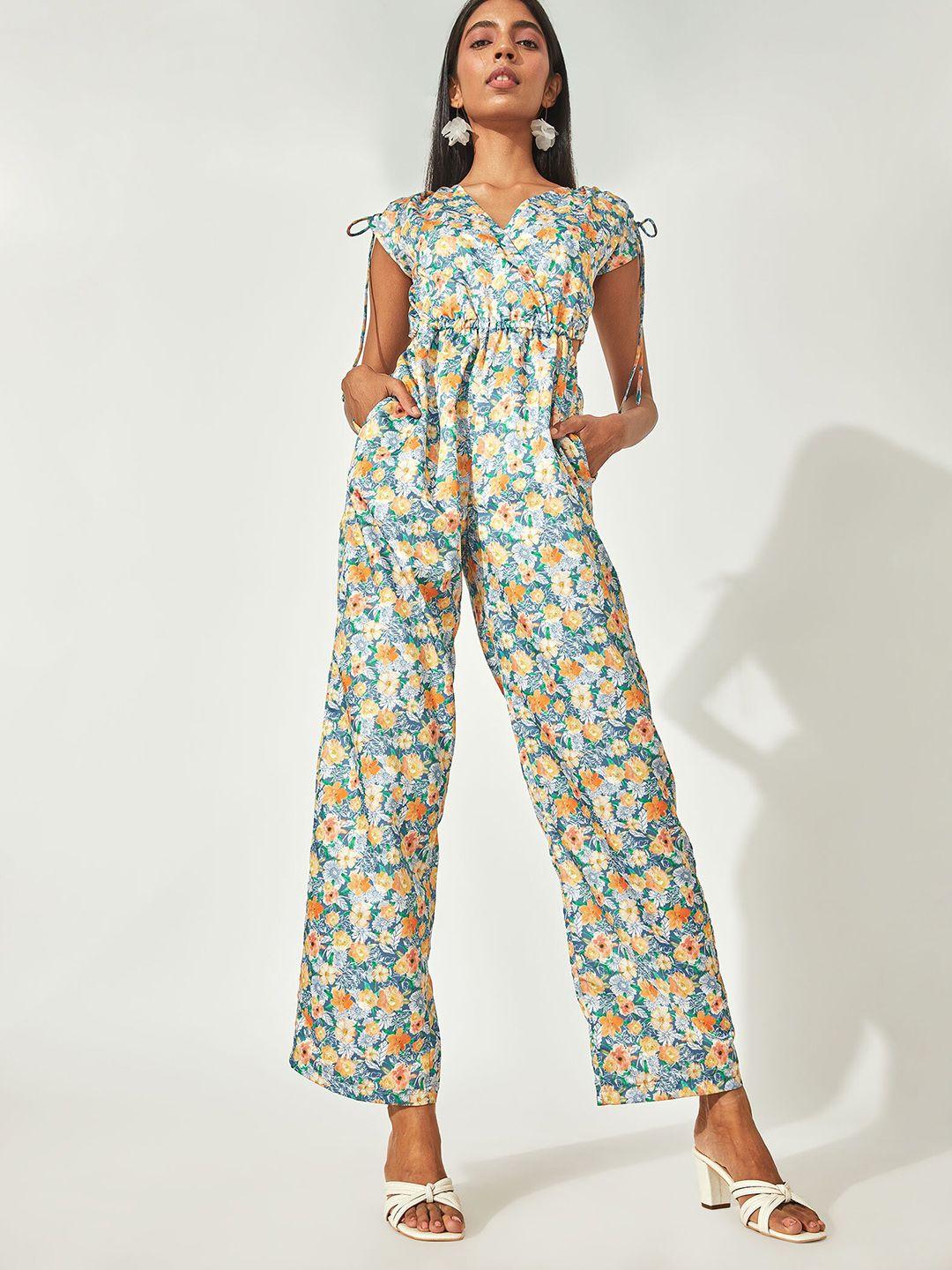 the label life blue & yellow printed cut-out basic jumpsuit with tie-up details