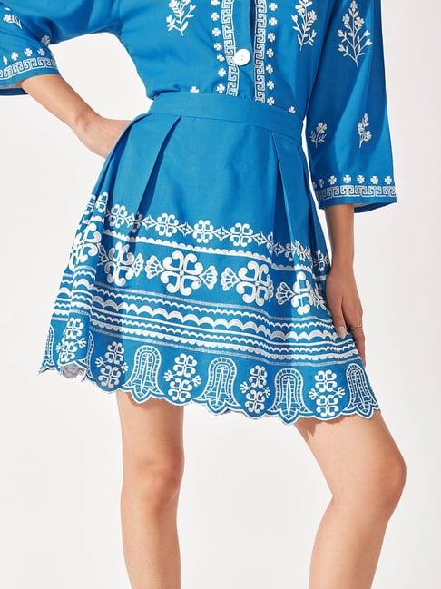 the label life blue embroidered pleated mini skirt