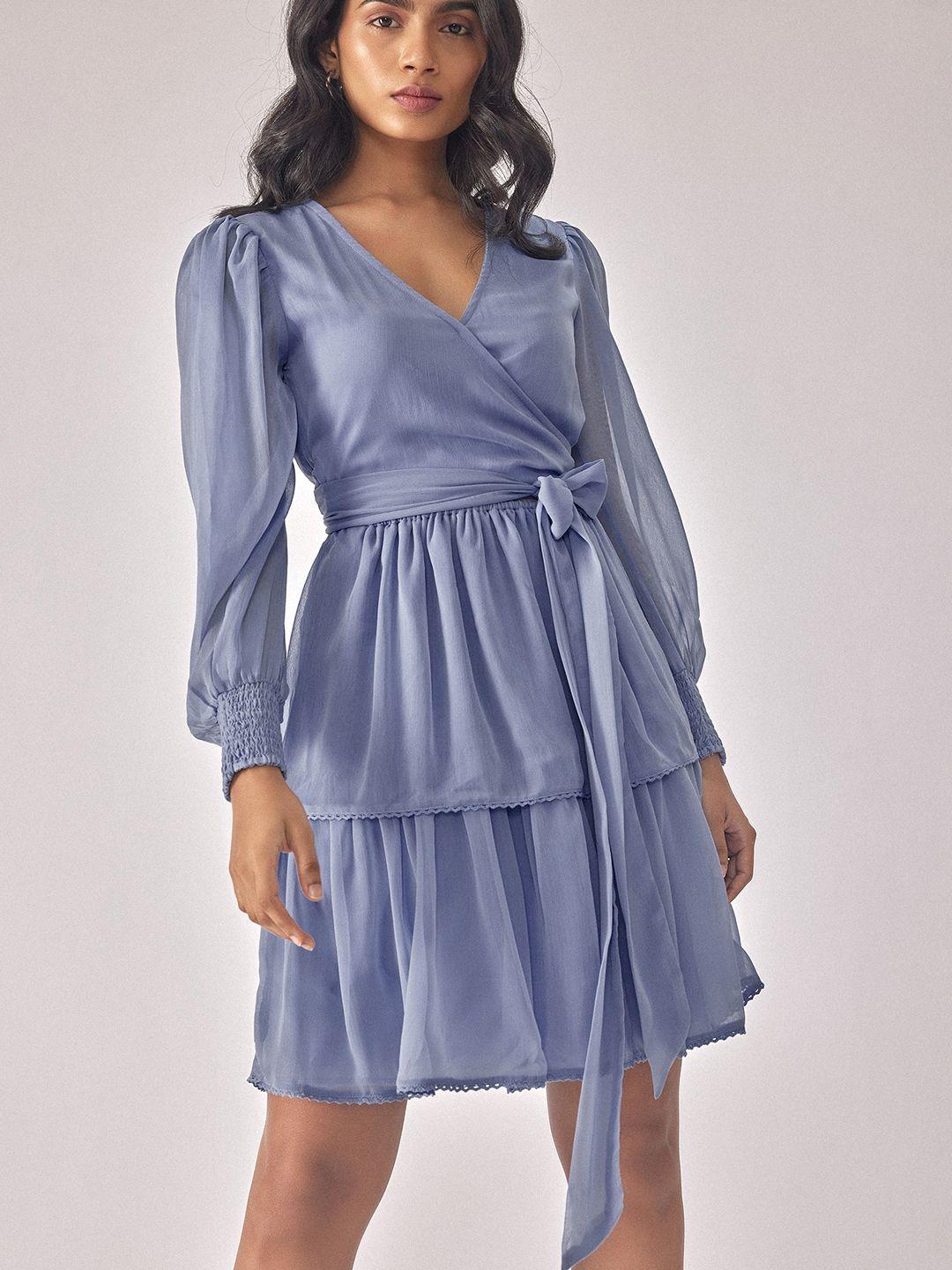 the label life blue puff sleeve chiffon fit & flare mini dress