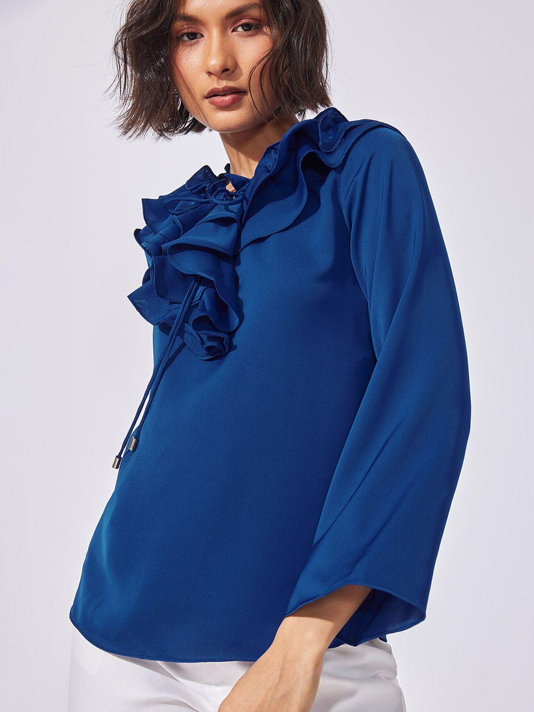 the label life blue tie-up neck ruffles satin top