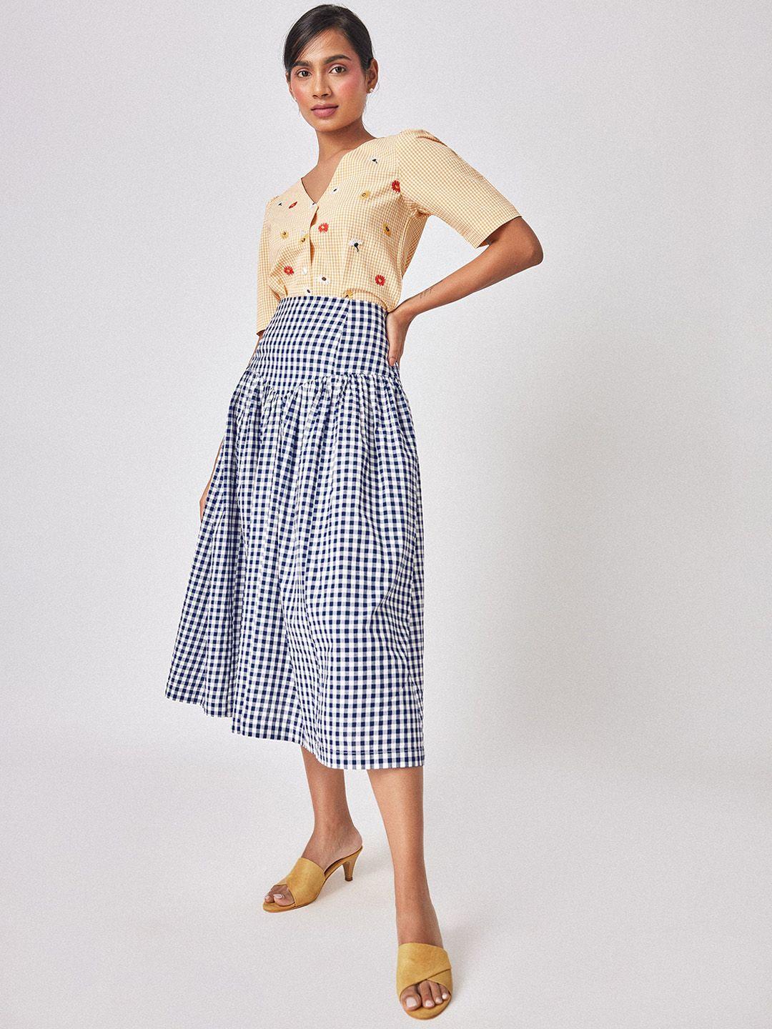 the label life checked gathered detailed pure cotton flared midi skirt